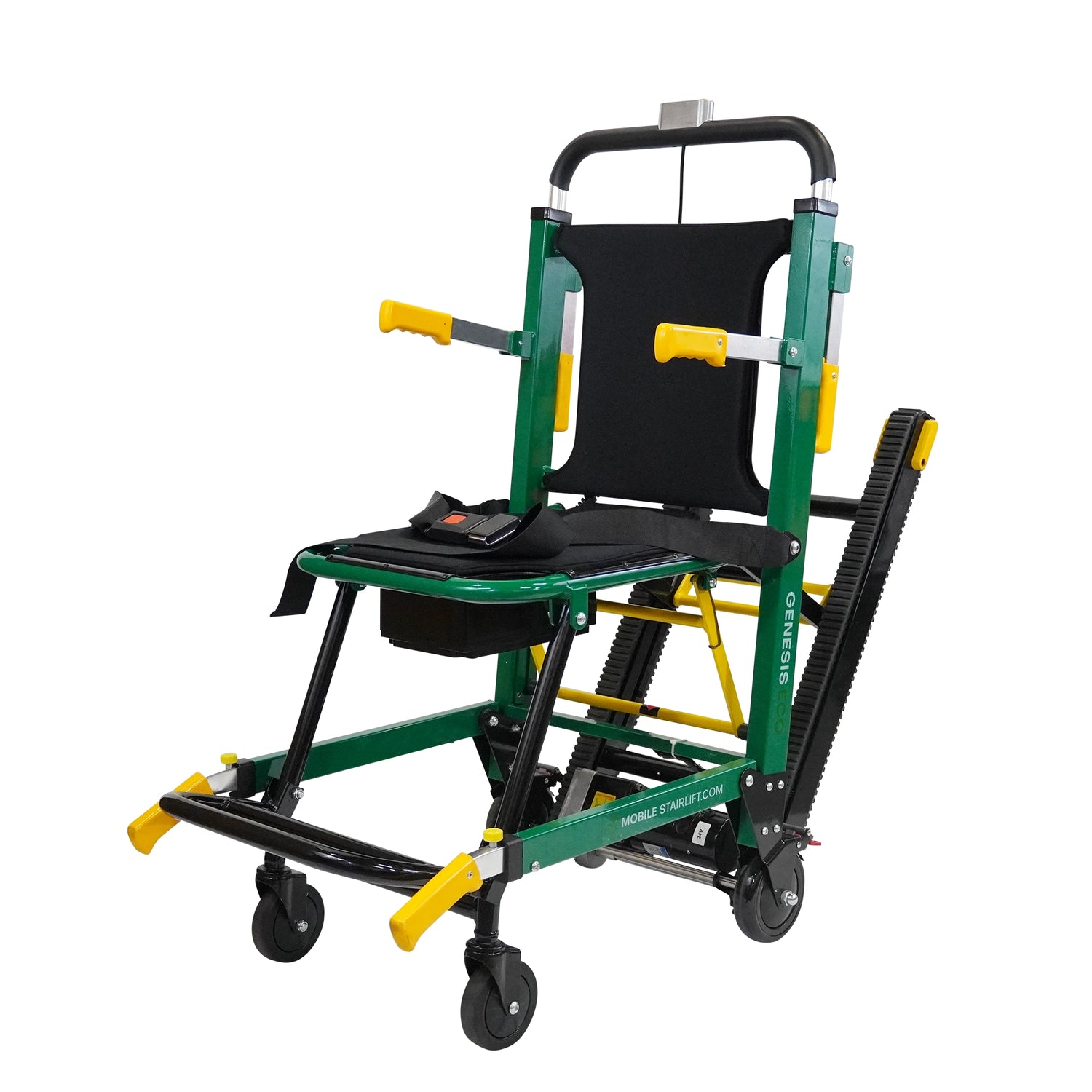 Side view of the Mobile Stairlift Eco, Green Portable Battery Powered with Stair Climbing Chair