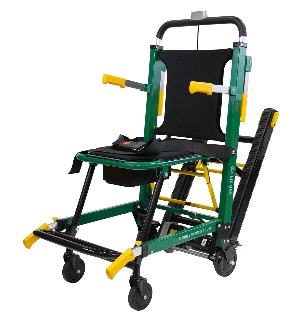 Side view of the Mobile Stairlift Eco, Green Portable Battery Powered with Stair Climbing Chair