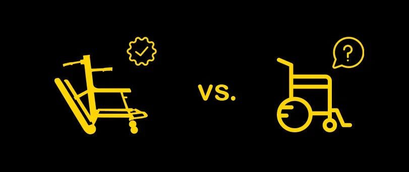 Illustration of a stair chair with a check badge beside a wheelchair with a question mark