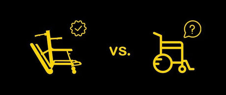 Illustration of a stair chair with a check badge beside a wheelchair with a question mark