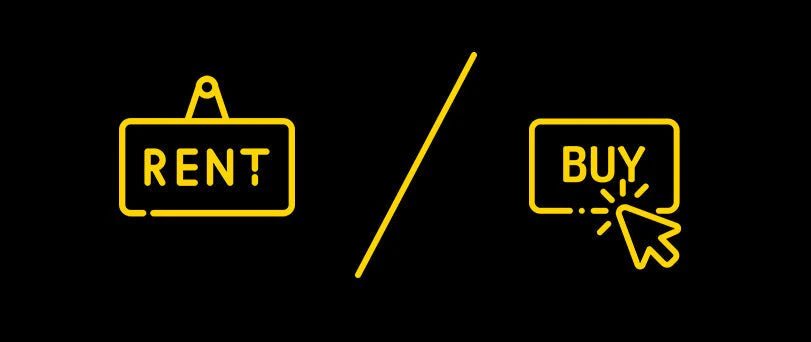 Illustration of a RENT button and a BUY button separated by a slash
