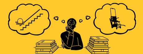 Illustration of a person at a desk with thought bubbles showing a fitted stairlift rail and a portable stair chair