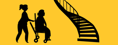Illustration of a caregiver pushing a person in a wheelchair beside a curved staircase