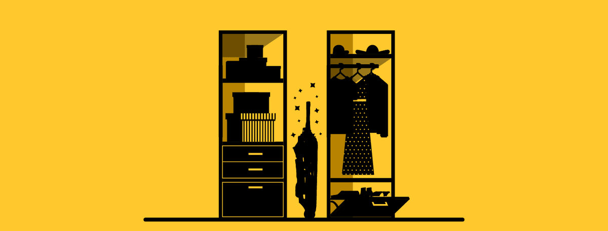 Illustration of a narrow hallway with shelving in a small home