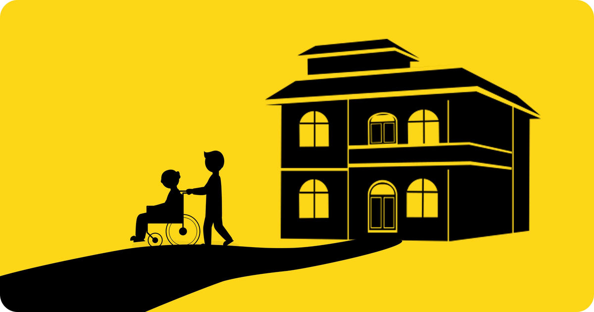 Illustration of a senior living residence with a caregiver assisting a seated resident outside
