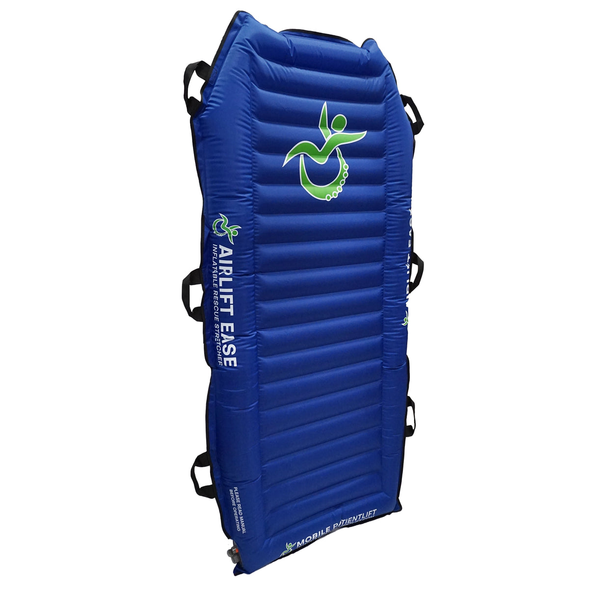 Angled view of Airlift Ease inflatable rescue stretcher with grab handles