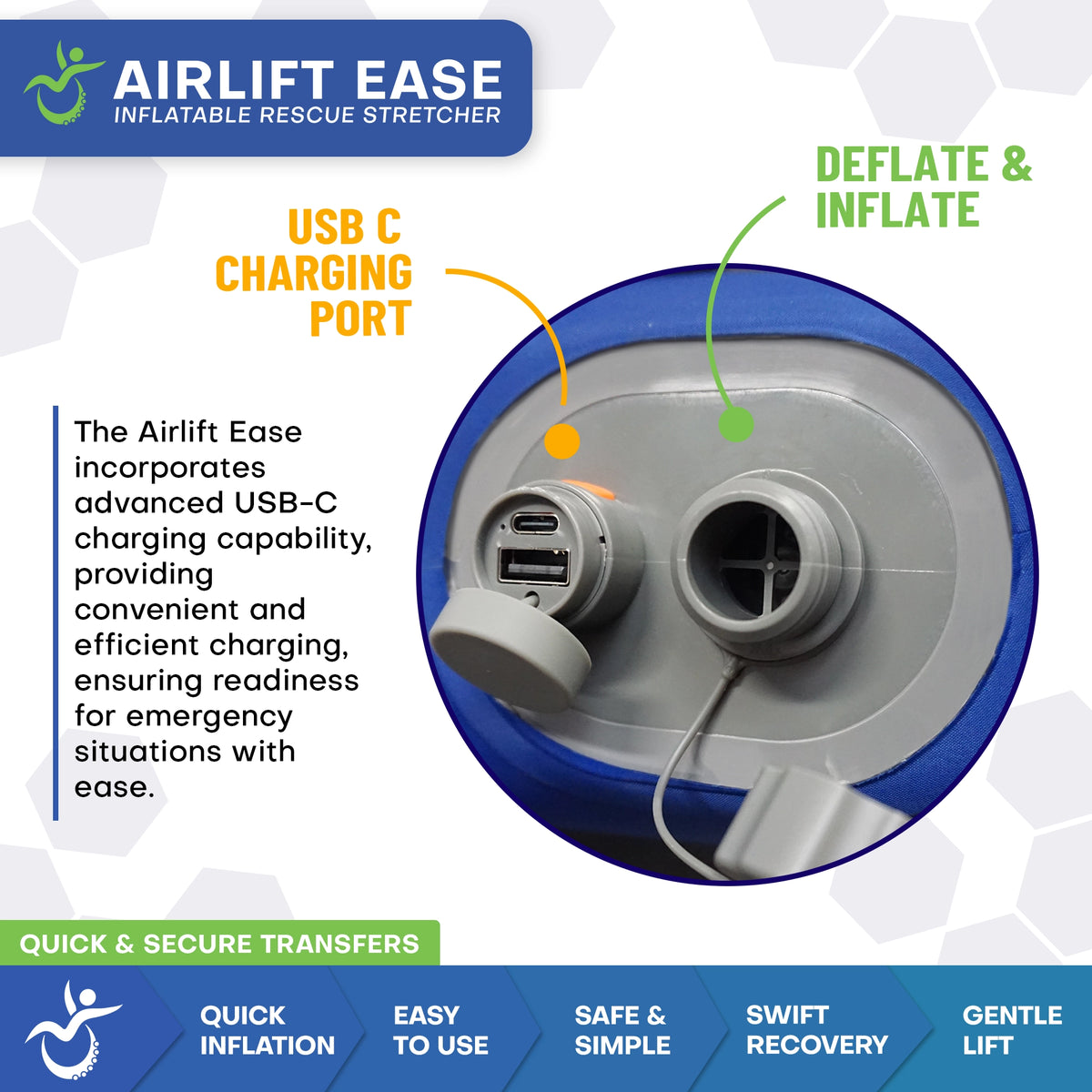 Airlift Ease stretcher USB C charging port and deflate inflate valve close up