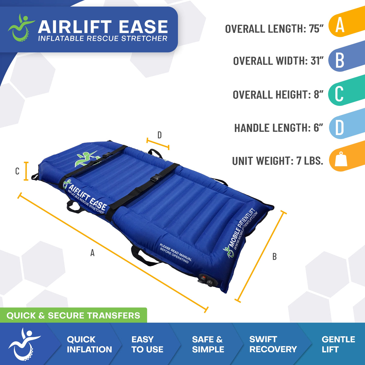 Airlift Ease stretcher dimensions diagram, 75 inch length and 7 lb unit weight