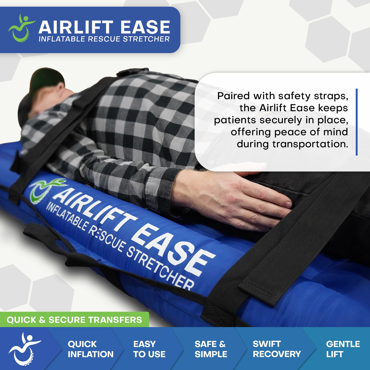 Patient secured with safety straps on Airlift Ease evacuation sled stretcher