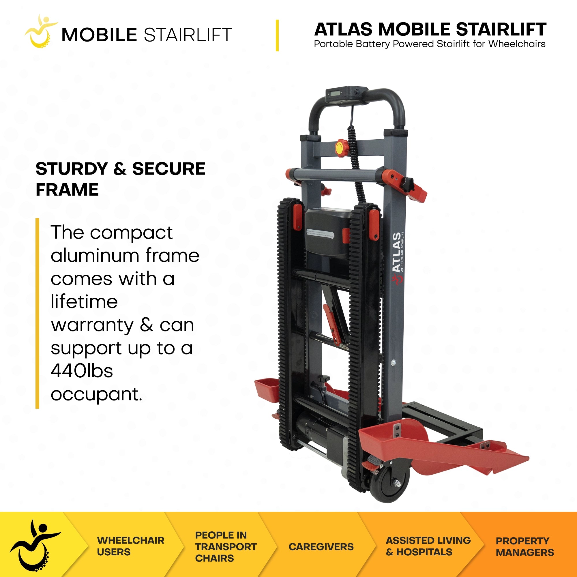 Compact aluminum frame of Atlas mobile stairlift rated for 440 lb occupant