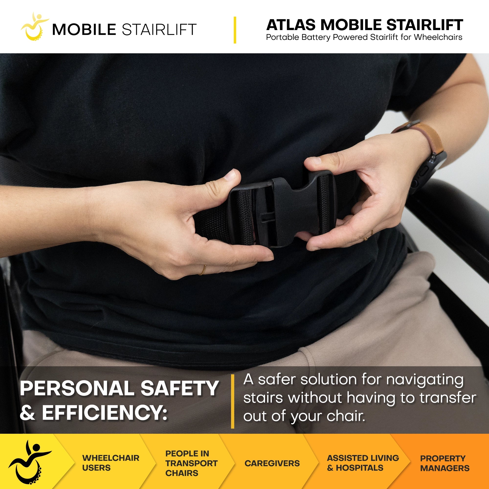 Wheelchair user fastening safety belt on Atlas mobile stairlift for secure stair transport