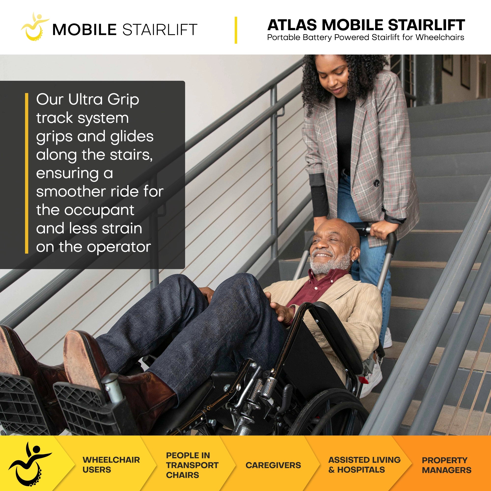 Single operator using Atlas mobile stairlift to guide wheelchair user down stairs