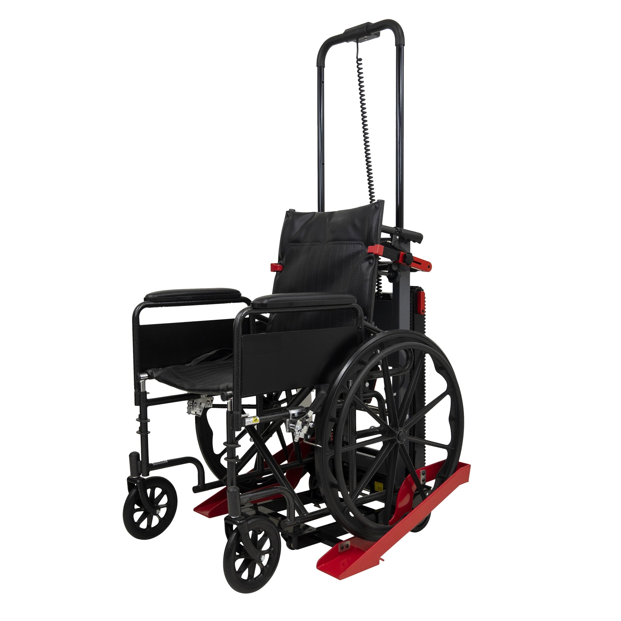 Standard wheelchair secured to Atlas mobile stairlift for stair climbing