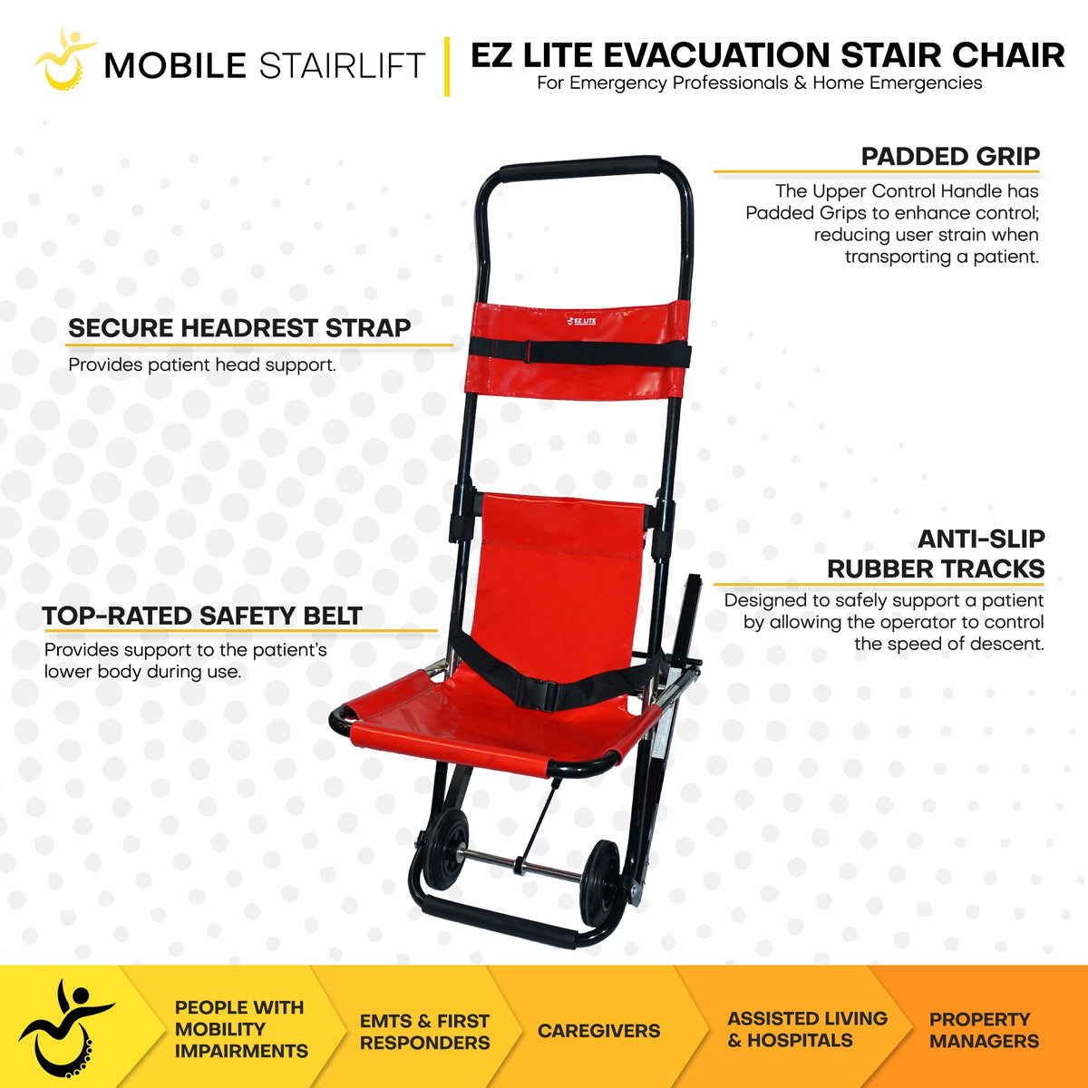 EZ LITE evacuation stair chair features anti slip rubber tracks and top rated safety belt