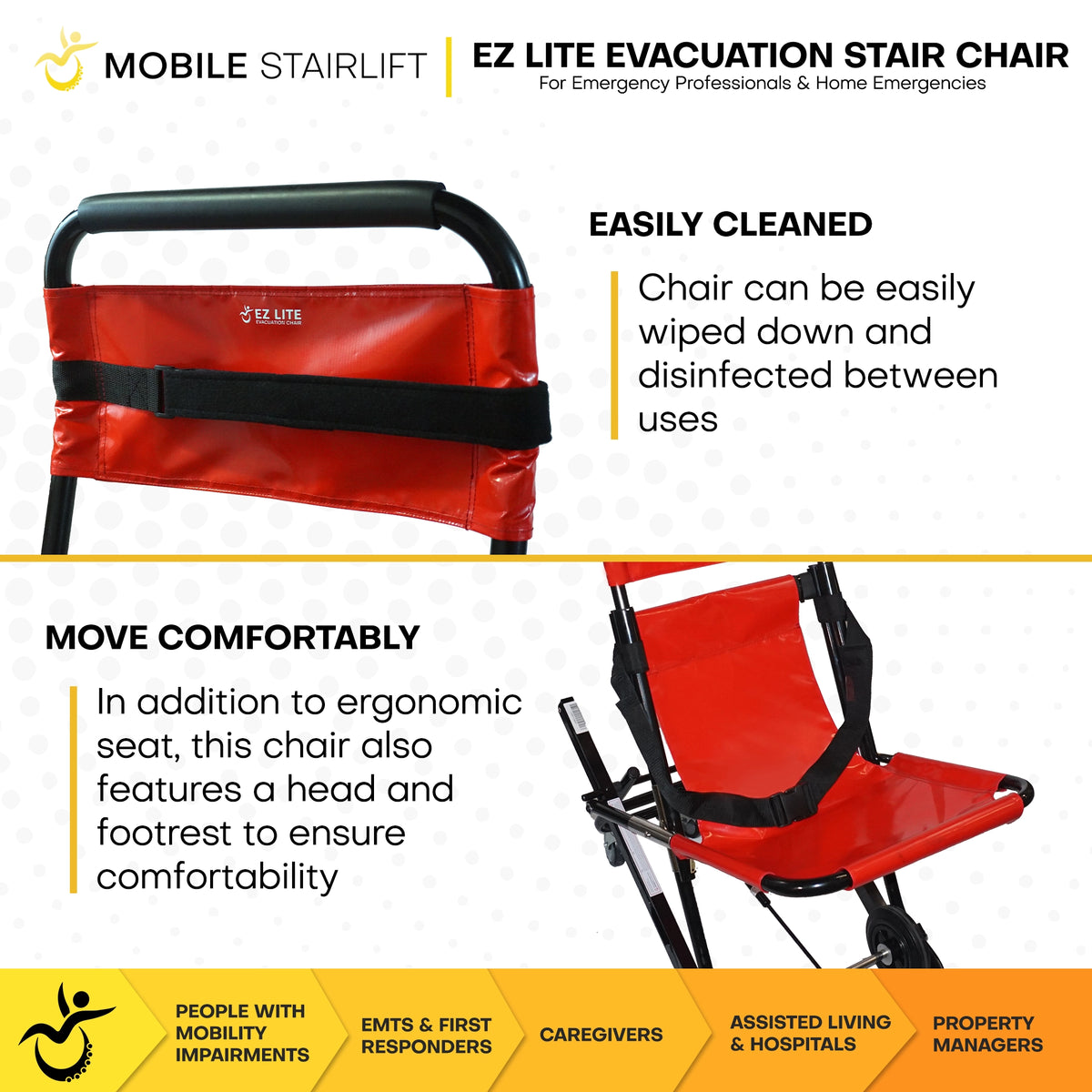 EZ LITE stair chair easy clean wipeable seat with ergonomic head and footrest