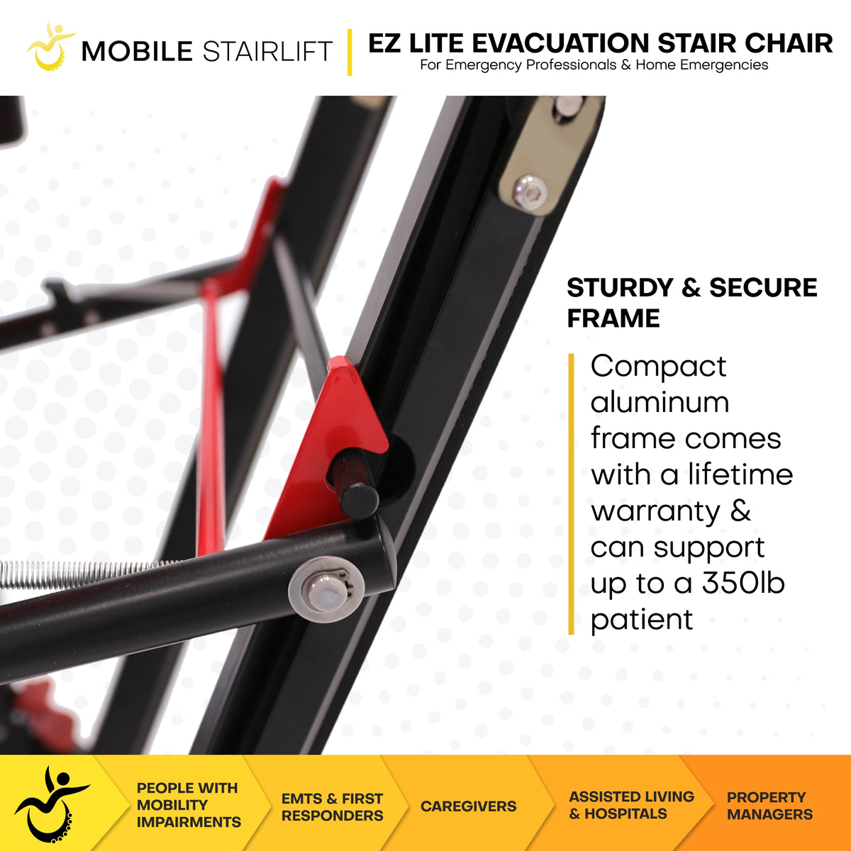 Compact aluminum frame of EZ LITE evacuation chair rated for 350 lb patient capacity