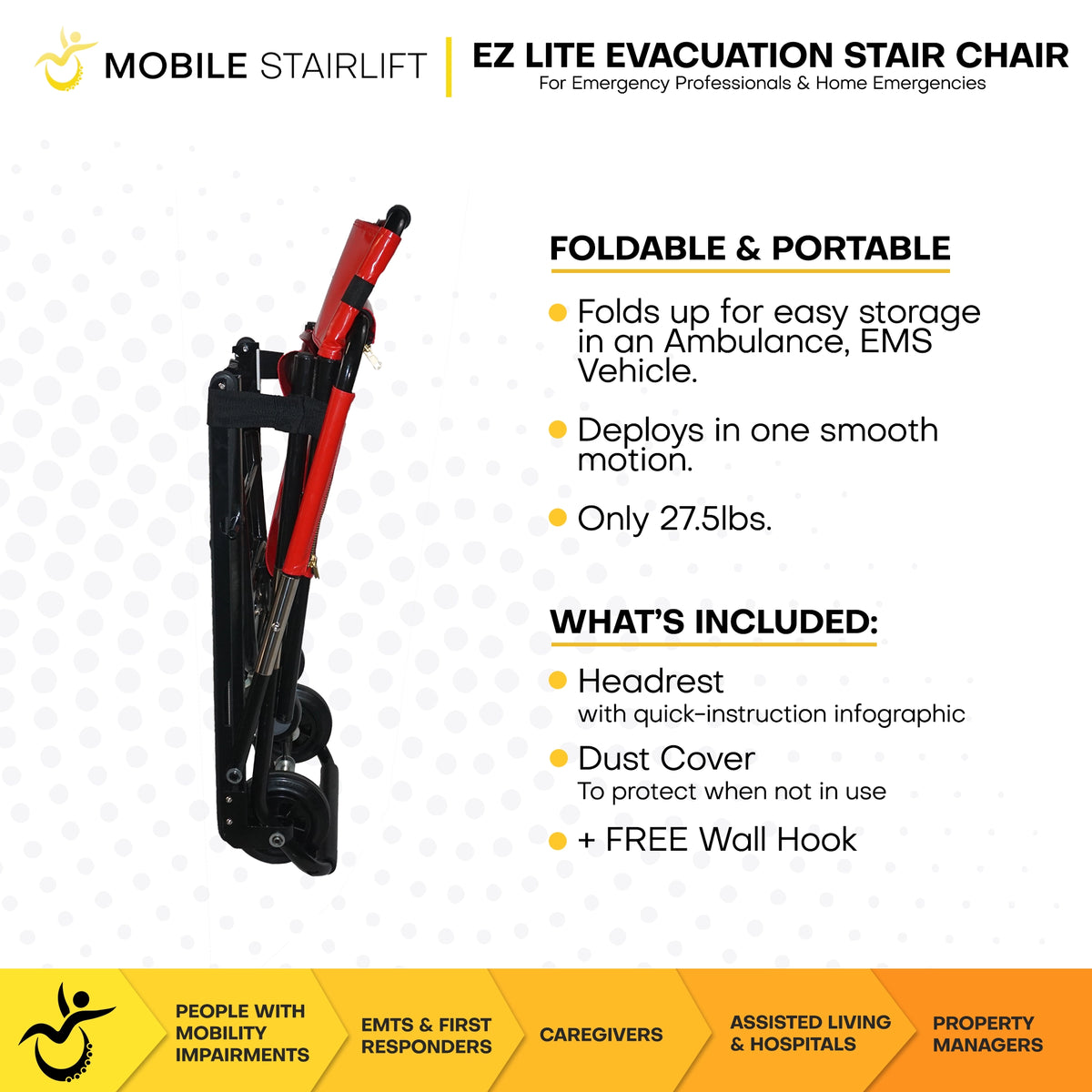 EZ LITE evacuation chair folded flat at 27.5 lbs with free wall mount hook