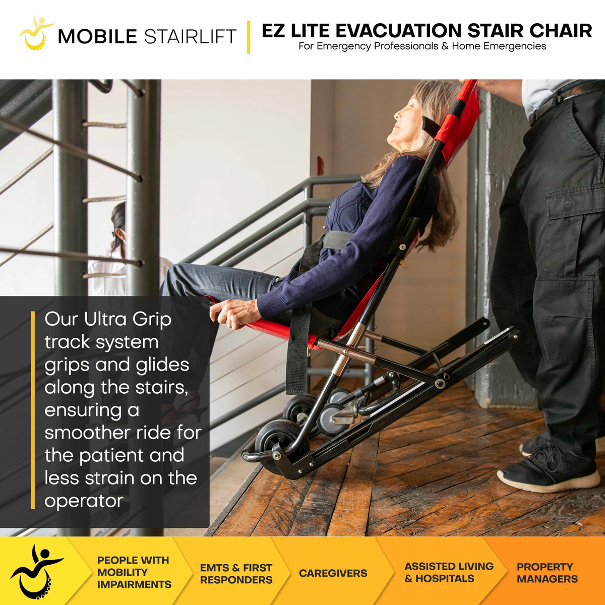 Single operator guiding rider down stairs in EZ LITE evacuation chair with ultra grip tracks