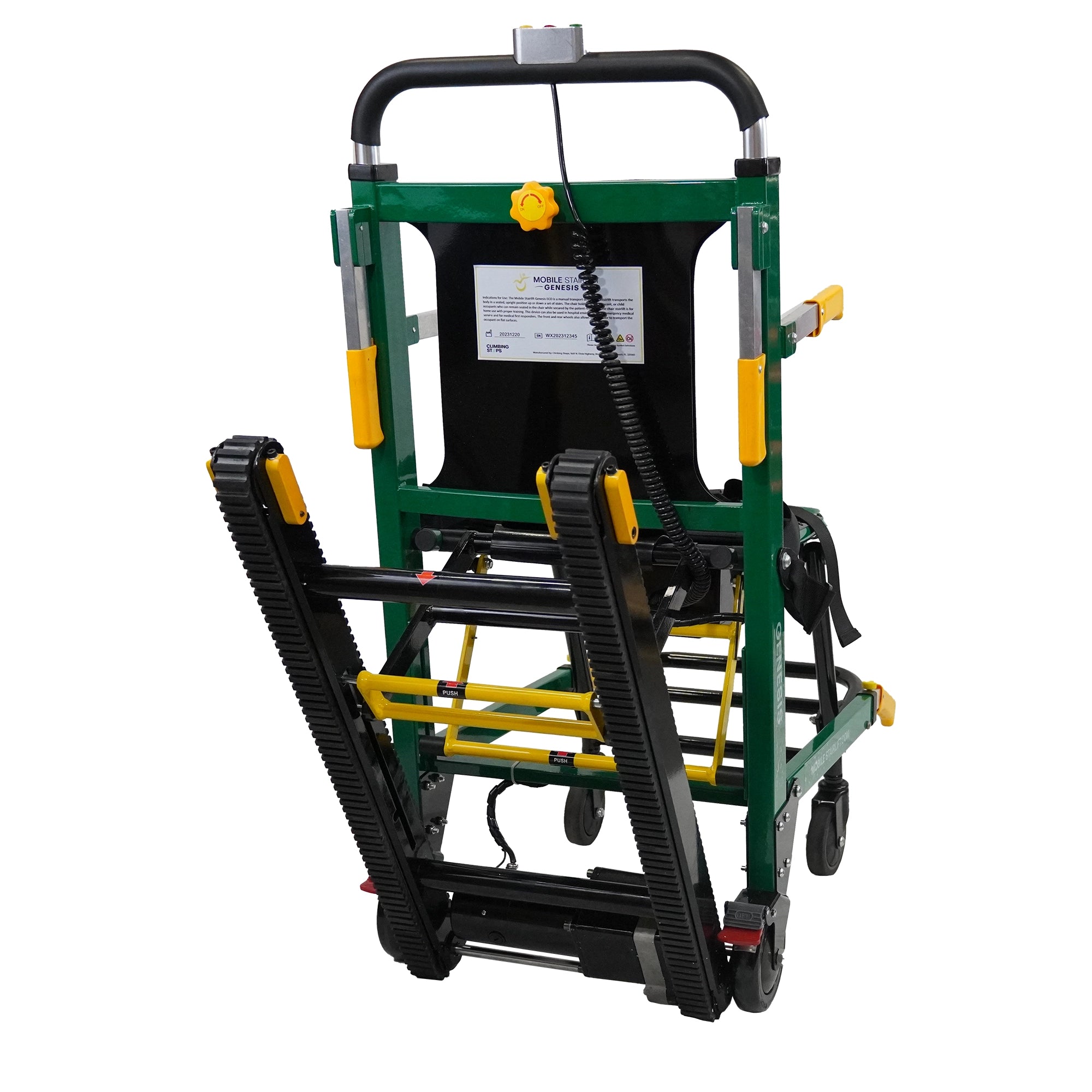 Genesis ECO Mobile Stairlift back view showing rugged track system and folding frame