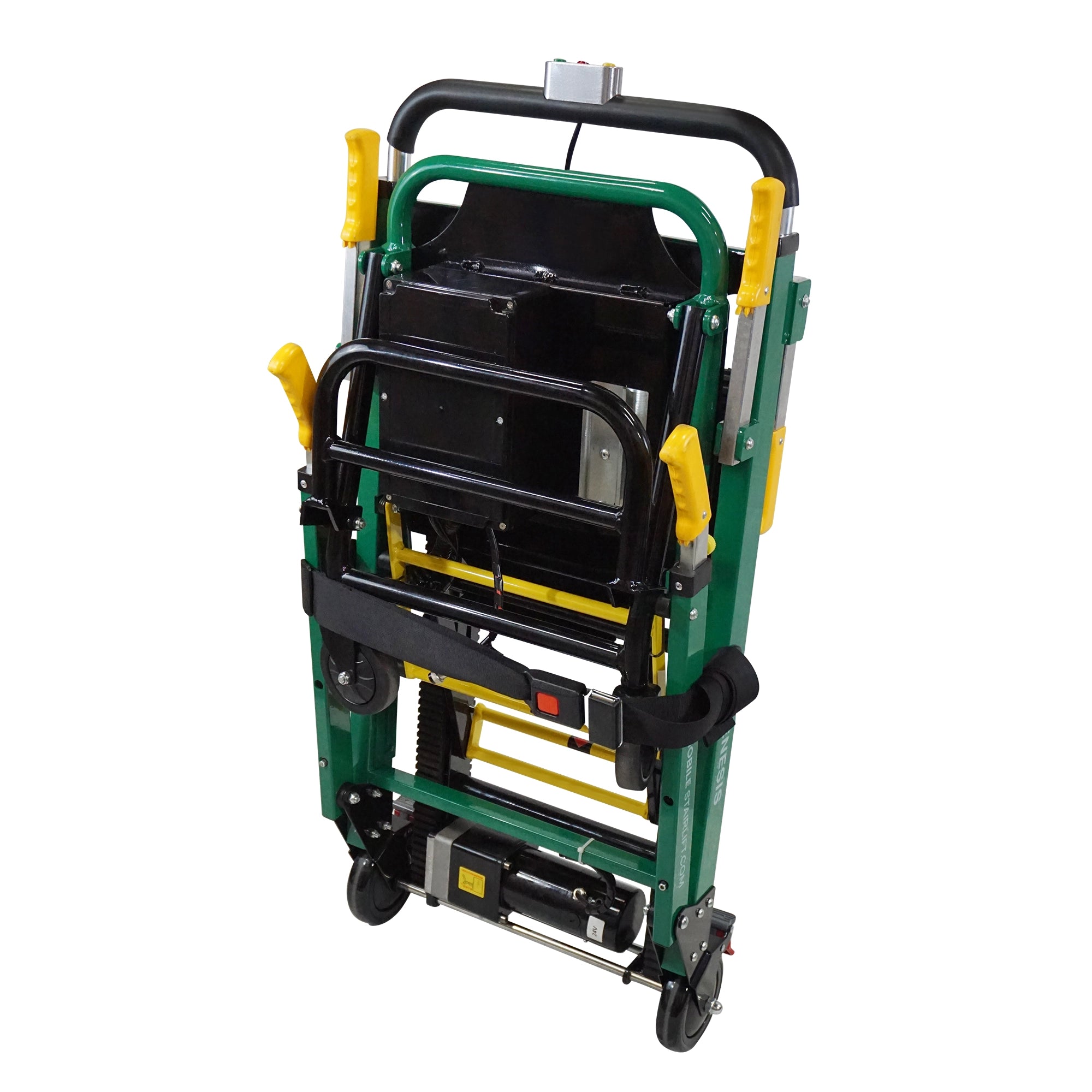 Genesis ECO Mobile Stairlift folded compact for storage and transport, green portable stair chair