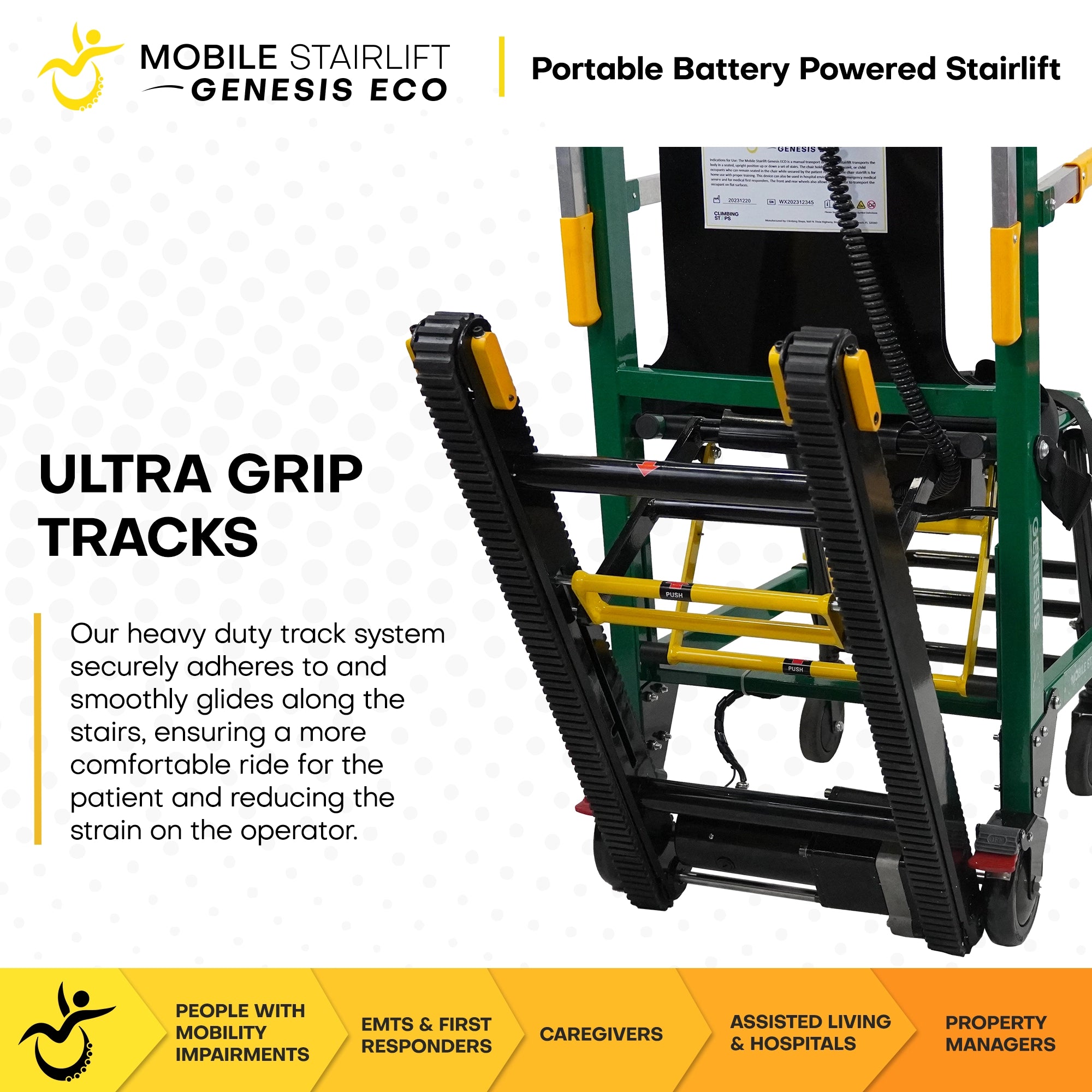 Genesis ECO Mobile Stairlift heavy-duty Ultra Grip rubber tracks for smooth, secure stair climbing
