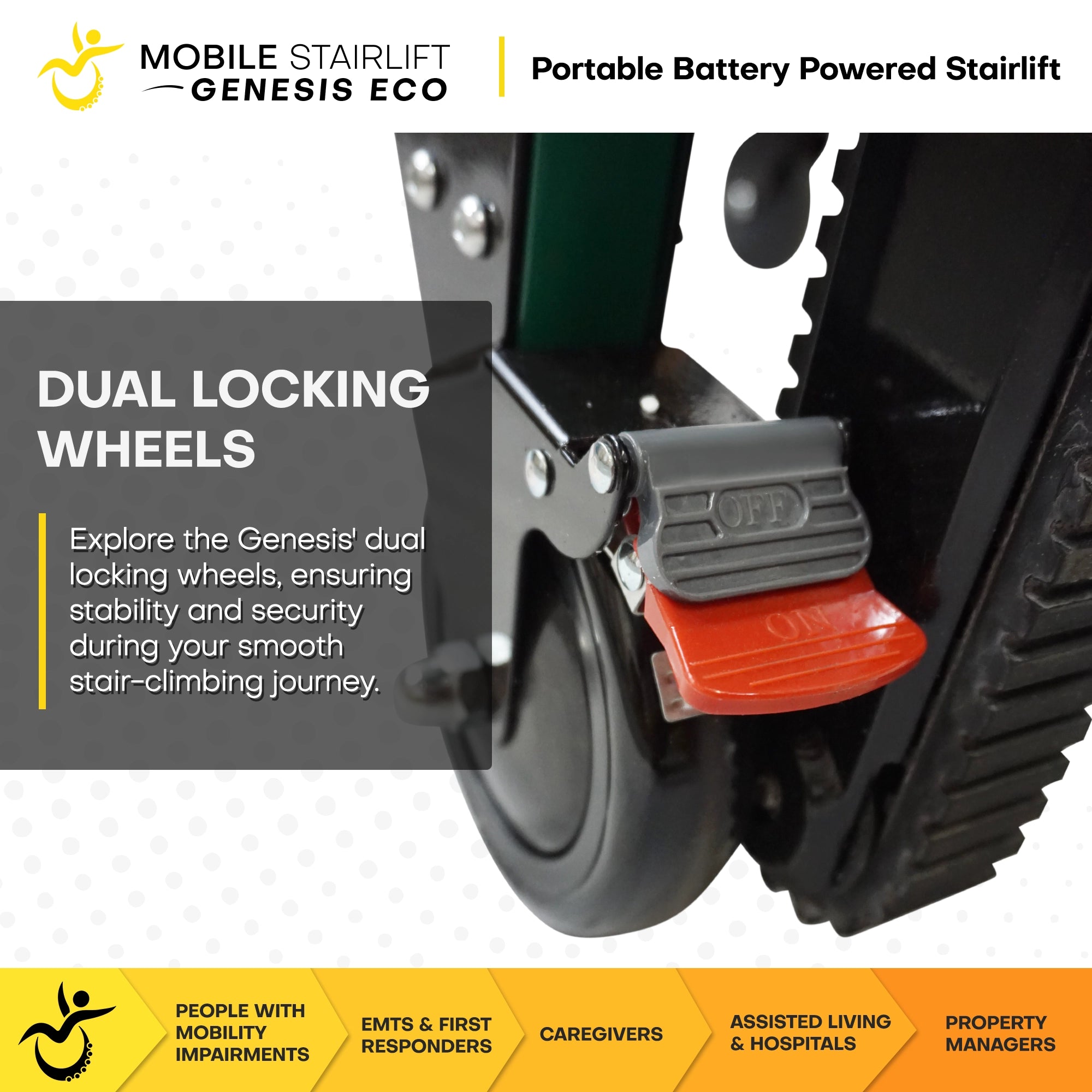 Genesis ECO Mobile Stairlift dual locking rear wheels for secure stability while stationary