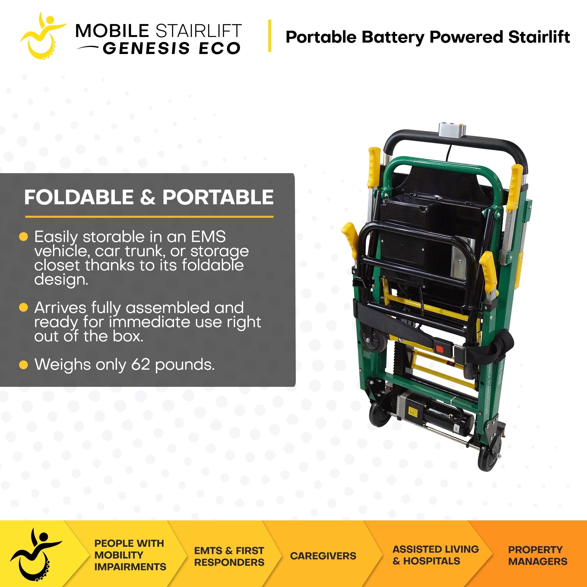 Genesis ECO Mobile Stairlift foldable portable design, only 62 lbs, arrives fully assembled with safety belt