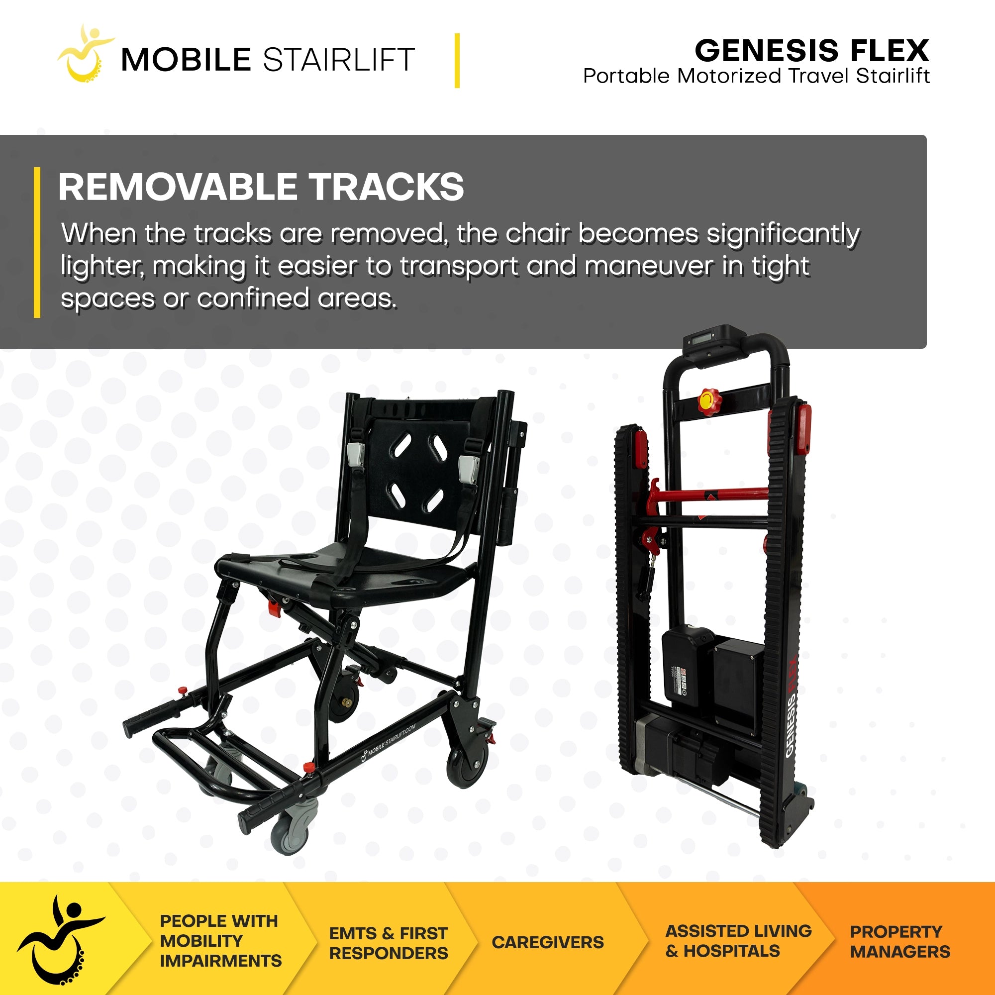 Genesis FLEX stairlift with tool free removable tracks converting to lightweight transport chair