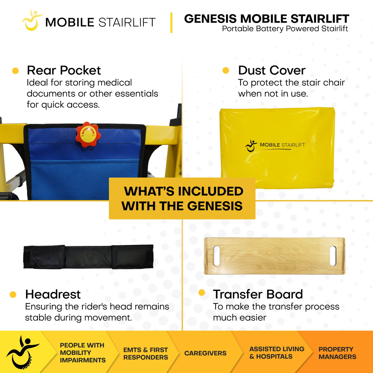 Genesis Mobile Stairlift included accessories: rear storage pocket, dust cover, headrest, and transfer board
