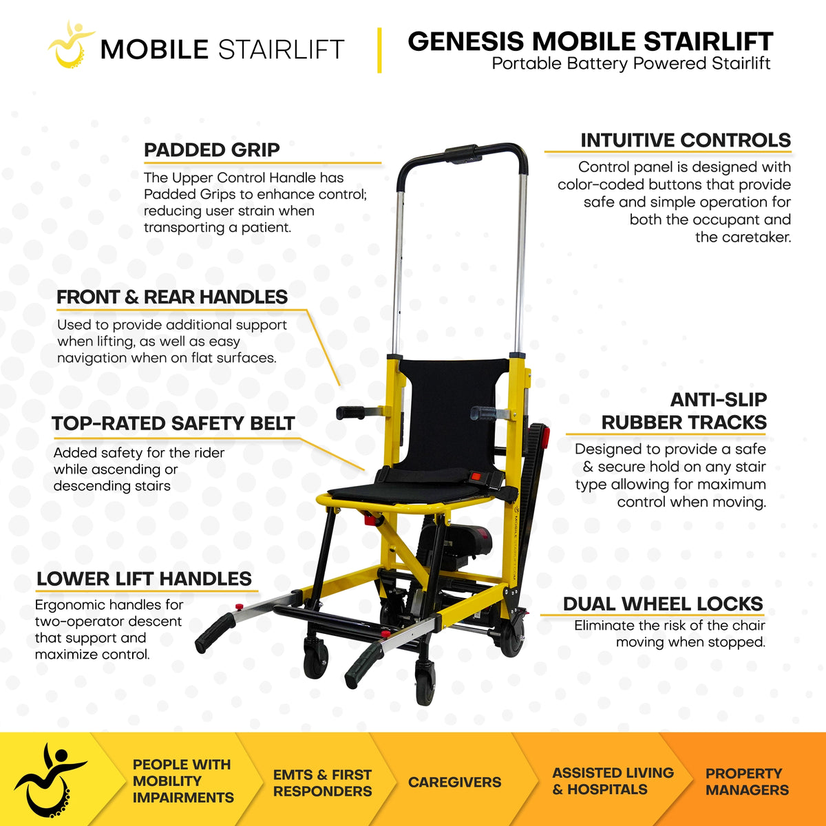 Genesis Mobile Stairlift features anti-slip rubber tracks, safety belt, and dual wheel locks