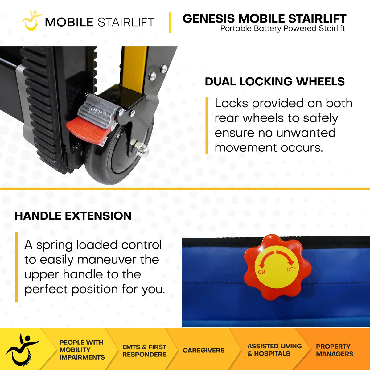 Genesis Mobile Stairlift dual locking rear wheels and spring-loaded handle extension control