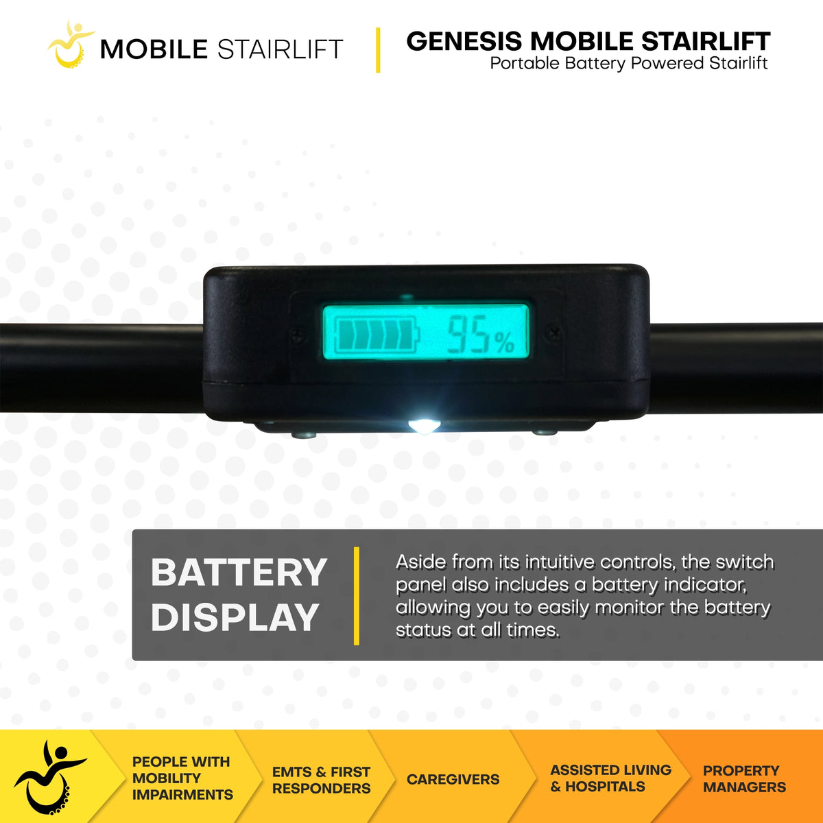 Genesis Mobile Stairlift battery display panel for real-time charge monitoring
