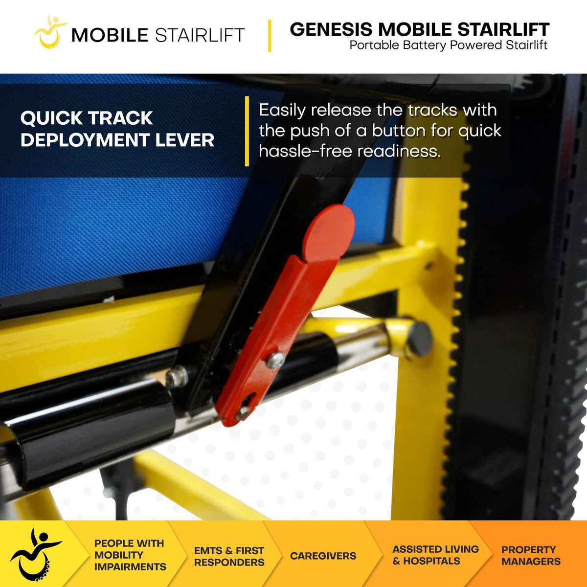Genesis Mobile Stairlift quick track deployment lever for one-push hassle-free readiness