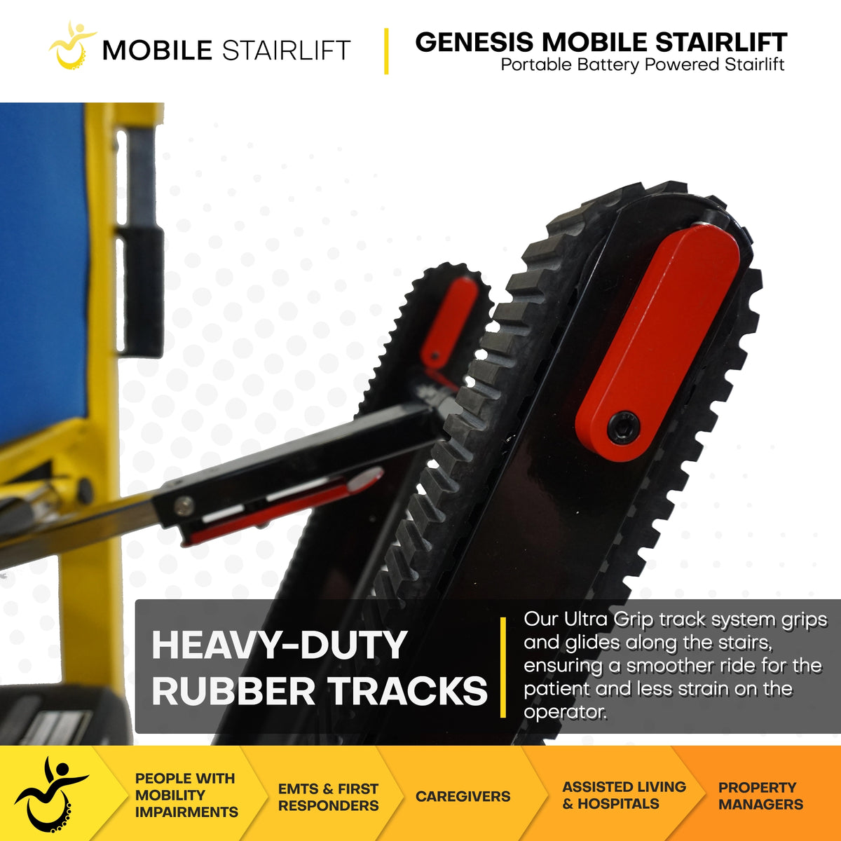 Genesis Mobile Stairlift heavy-duty Ultra Grip rubber tracks for smooth, controlled stair descent