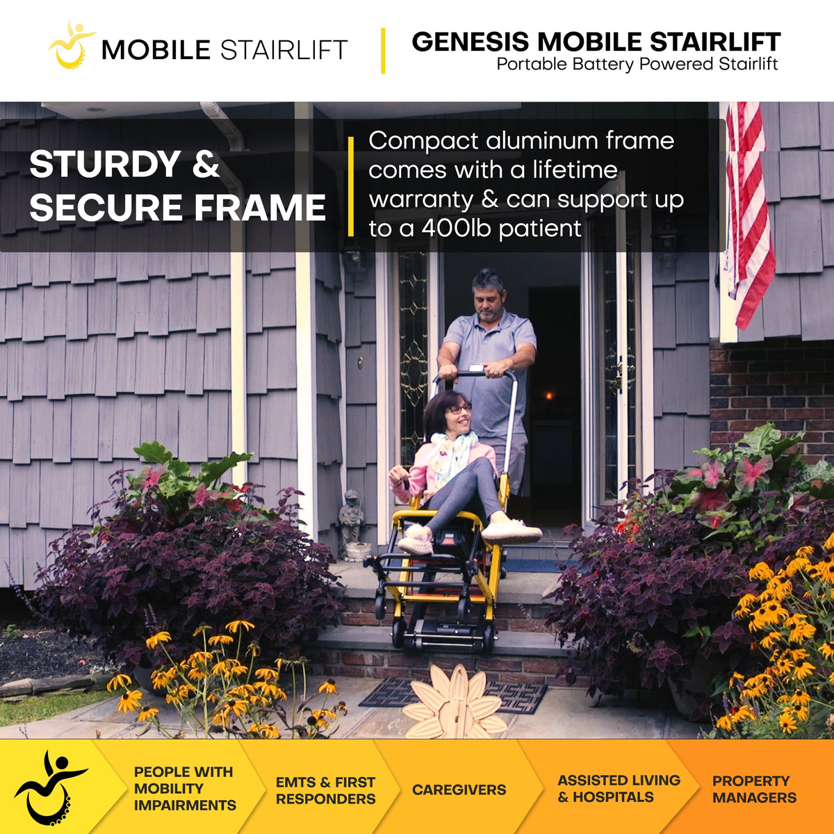 Caregiver using Genesis Mobile Stairlift to help rider down home porch steps, sturdy frame supports up to 400 lb
