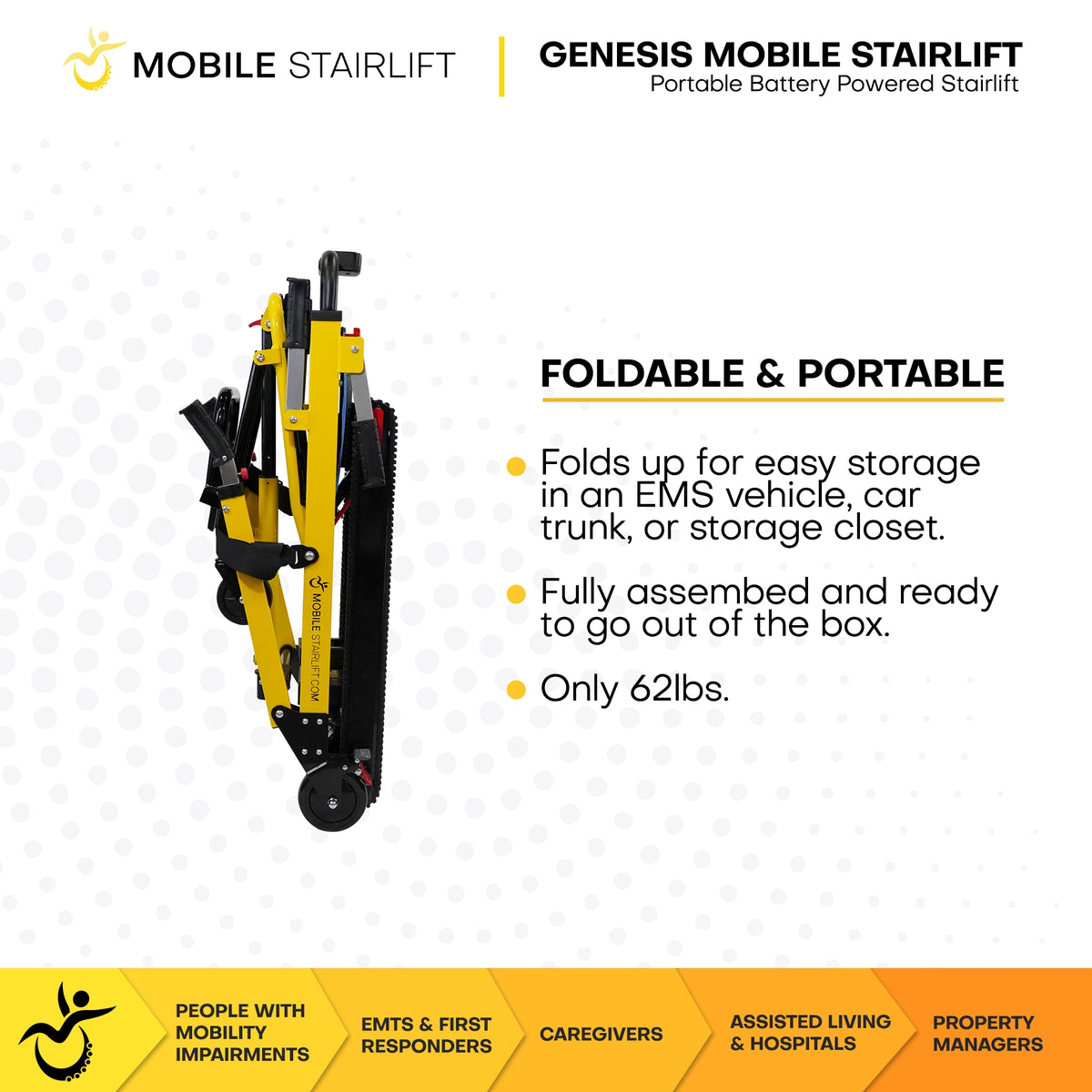Genesis Mobile Stairlift foldable portable design, only 62 lbs, fully assembled and ready to use