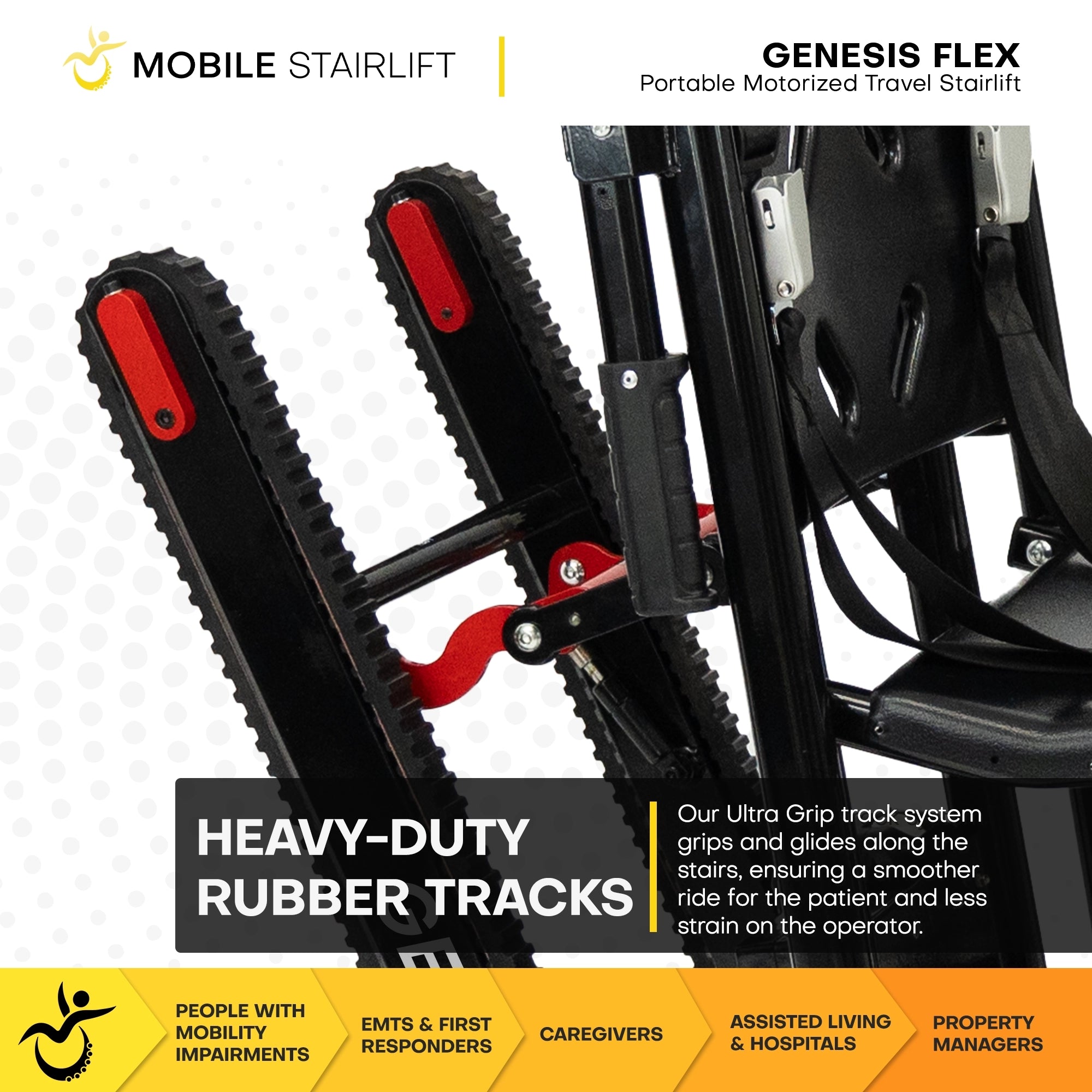 Genesis FLEX heavy duty ultra grip rubber tracks for controlled stairlift descent