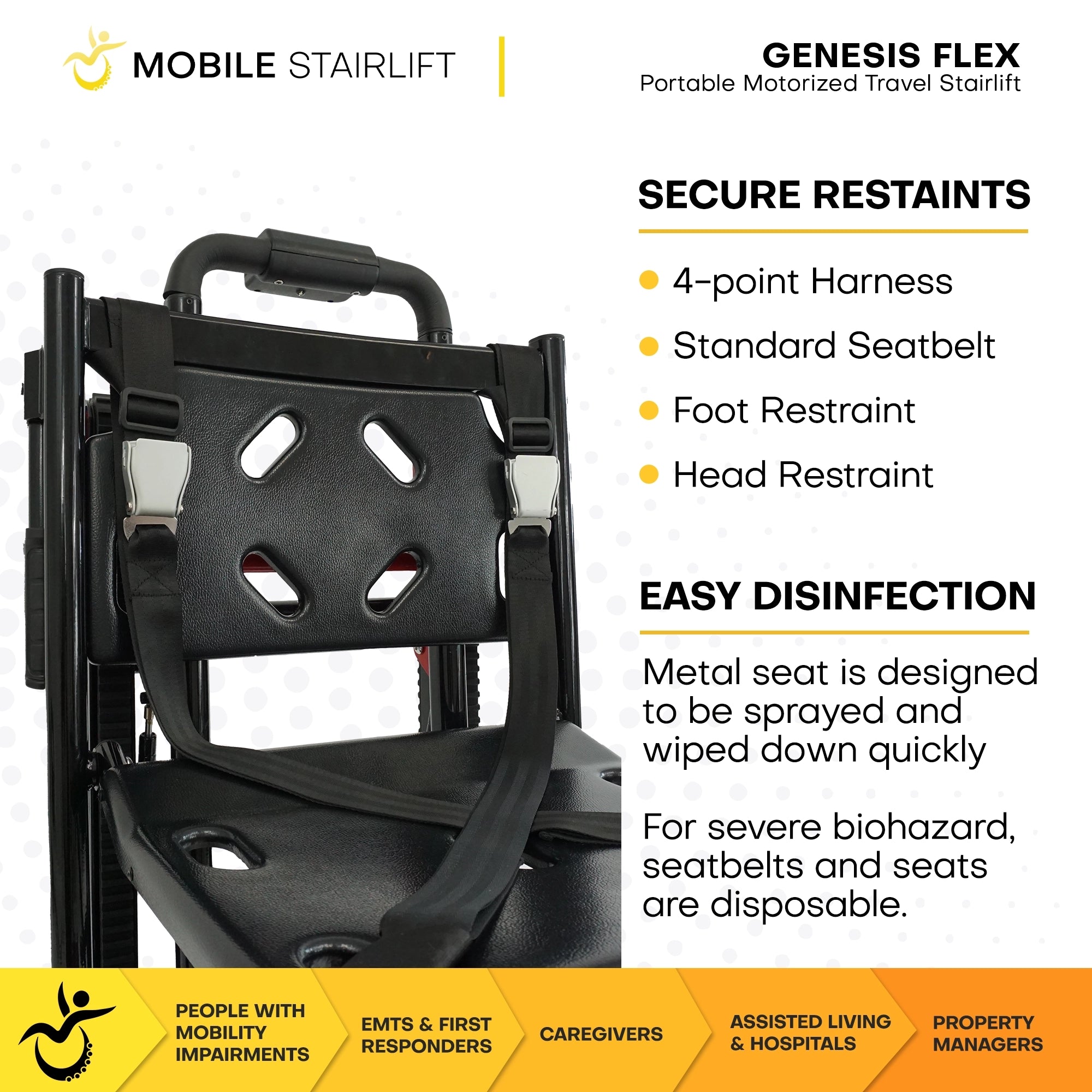 Genesis FLEX stairlift with 4 point harness restraints and easy disinfection metal seat