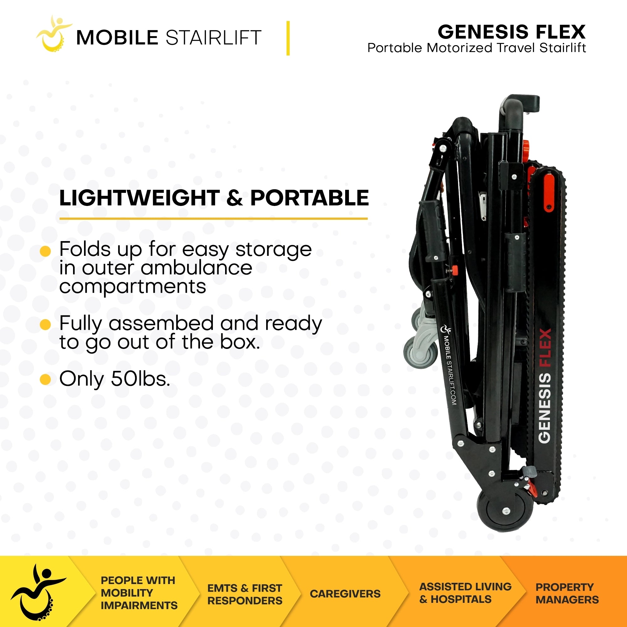 Genesis FLEX portable stairlift folded compact at 50 lbs for ambulance storage