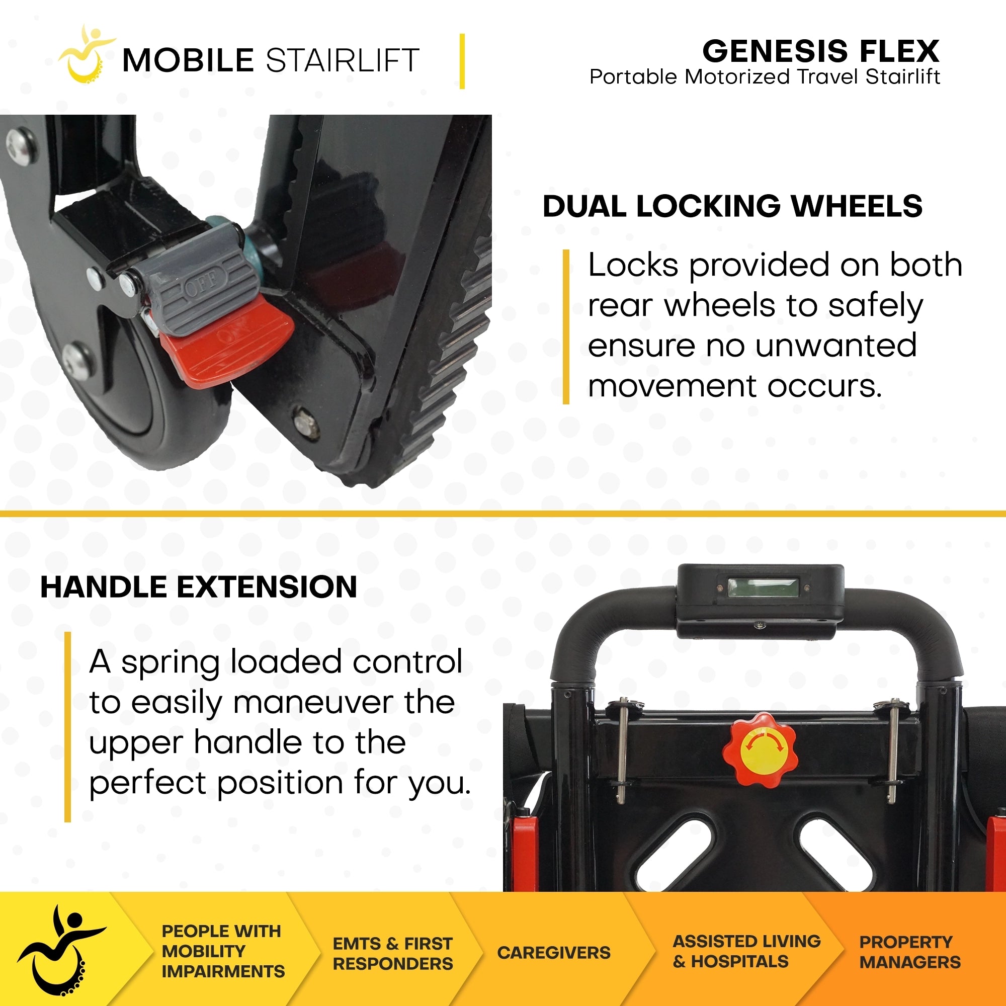 Genesis FLEX stairlift dual locking rear wheels and spring loaded handle extension