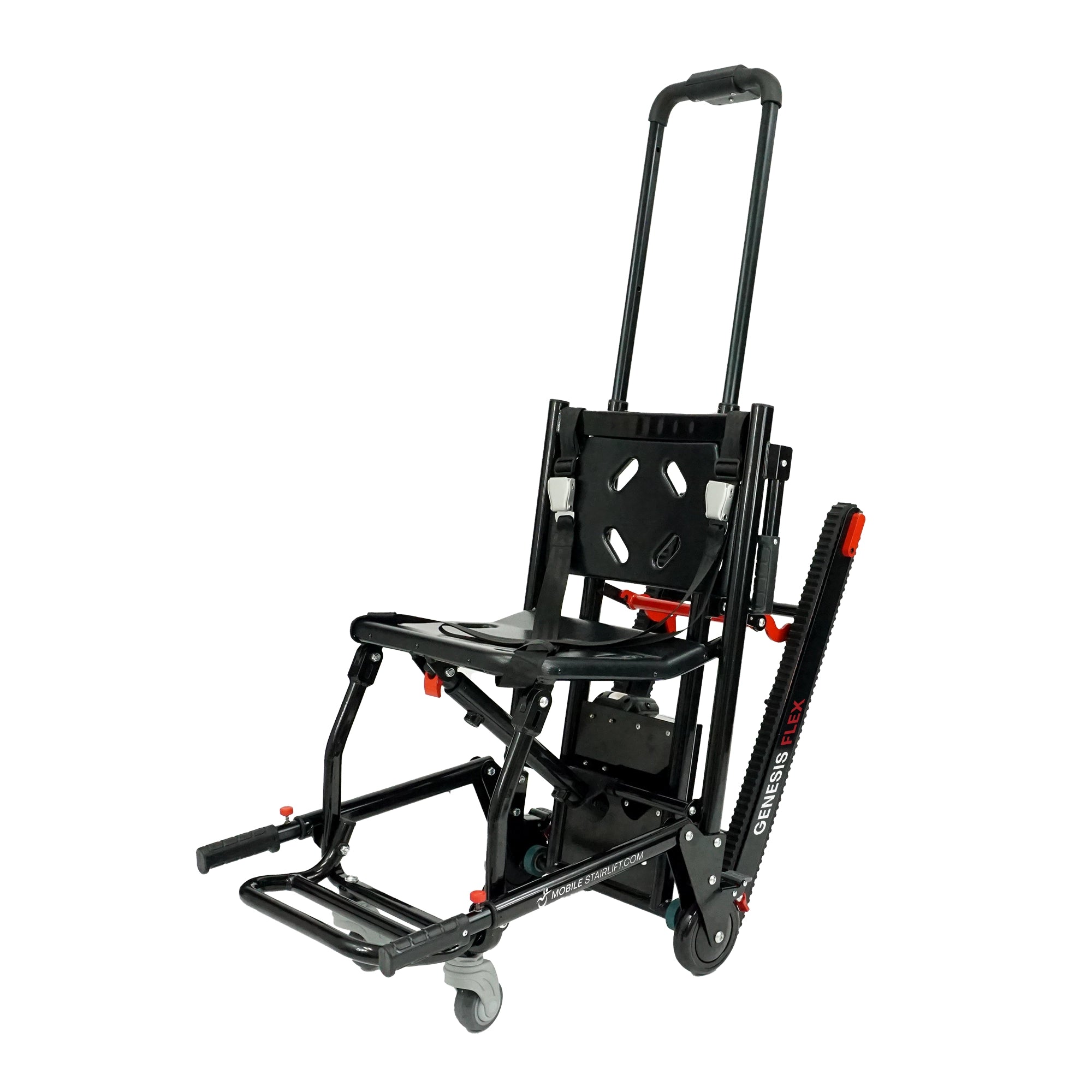 Genesis FLEX portable motorized stairlift with tracks attached, side angle view