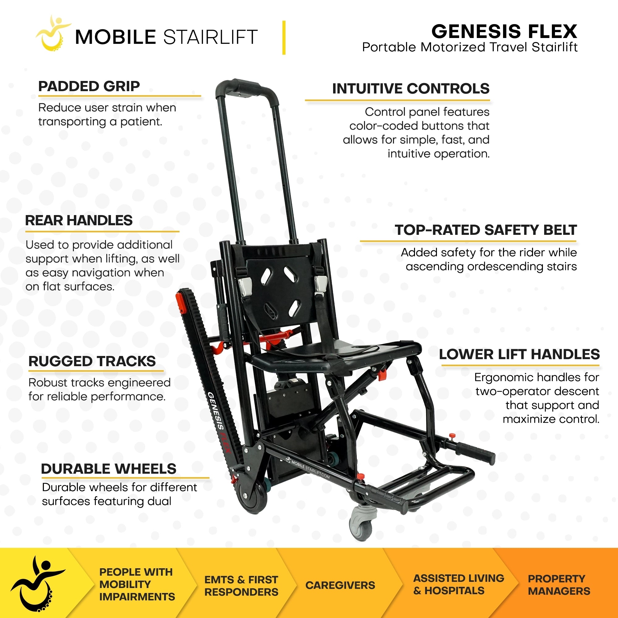 Genesis FLEX motorized stairlift features intuitive controls, safety belt, and rugged tracks