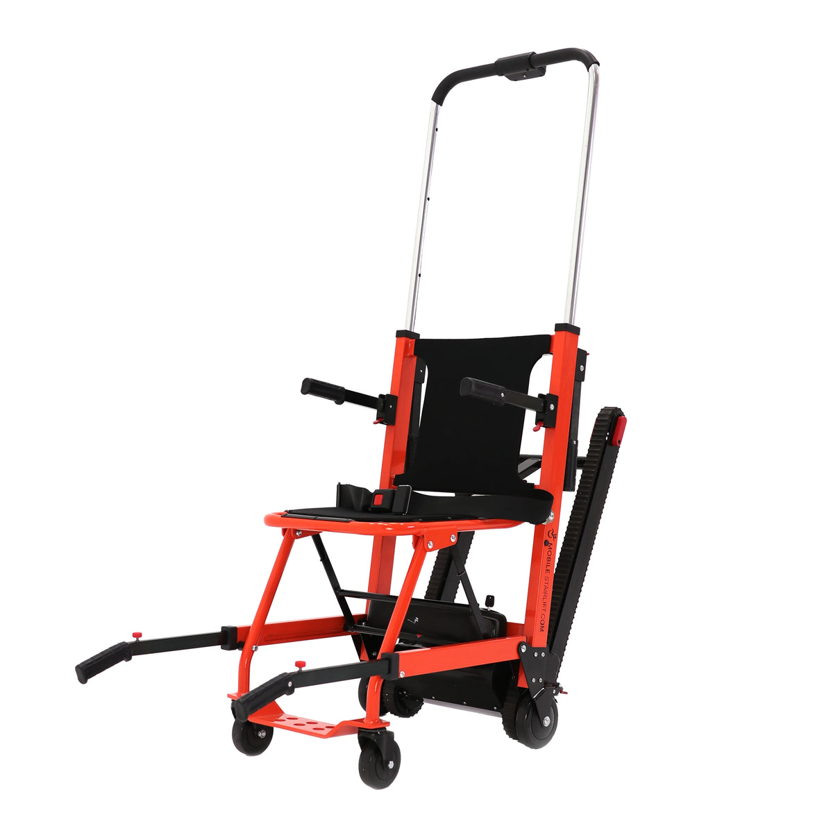 Helix mobile stairlift chair with tracks, side angle view