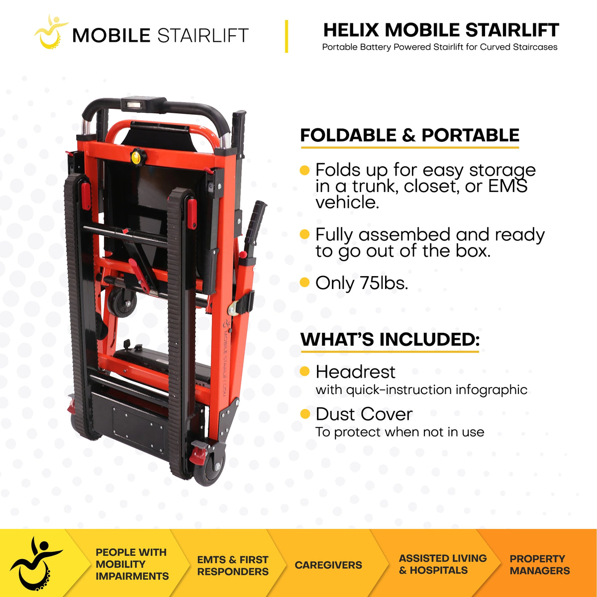 Helix mobile stairlift folded flat for compact storage and transport