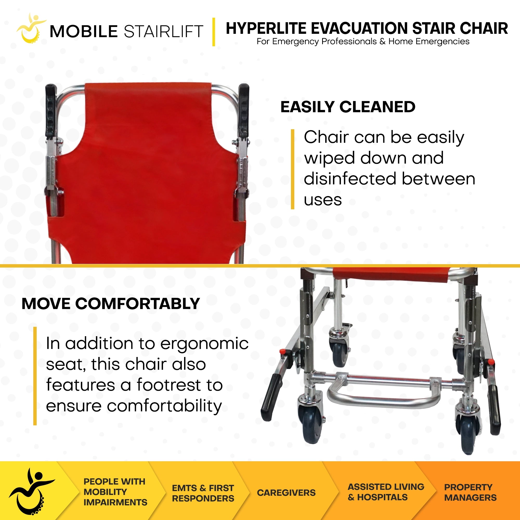 HyperLite stair chair easy clean wipeable seat with ergonomic footrest for patient comfort