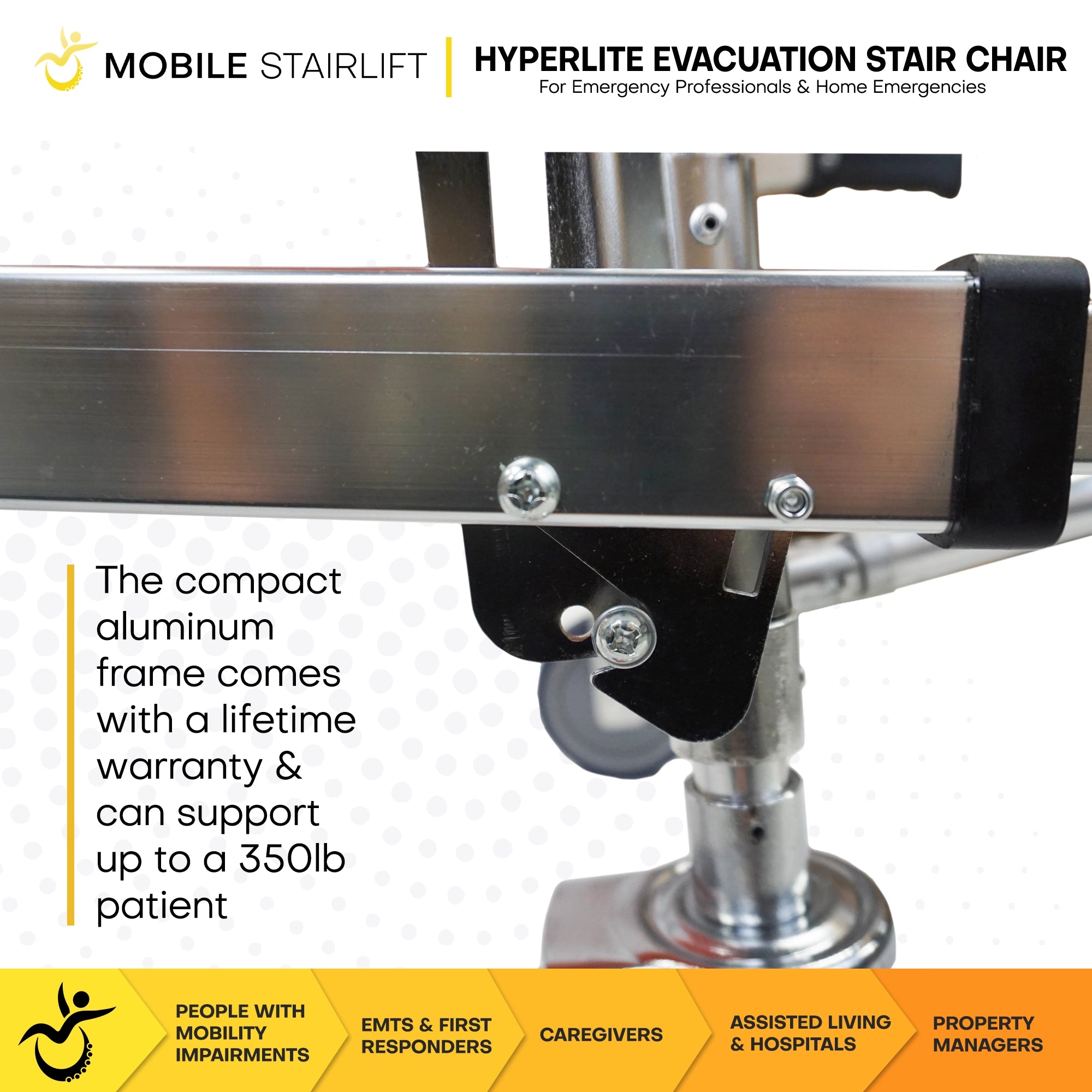Compact aluminum frame of HyperLite stair chair rated for 350 lb patient capacity