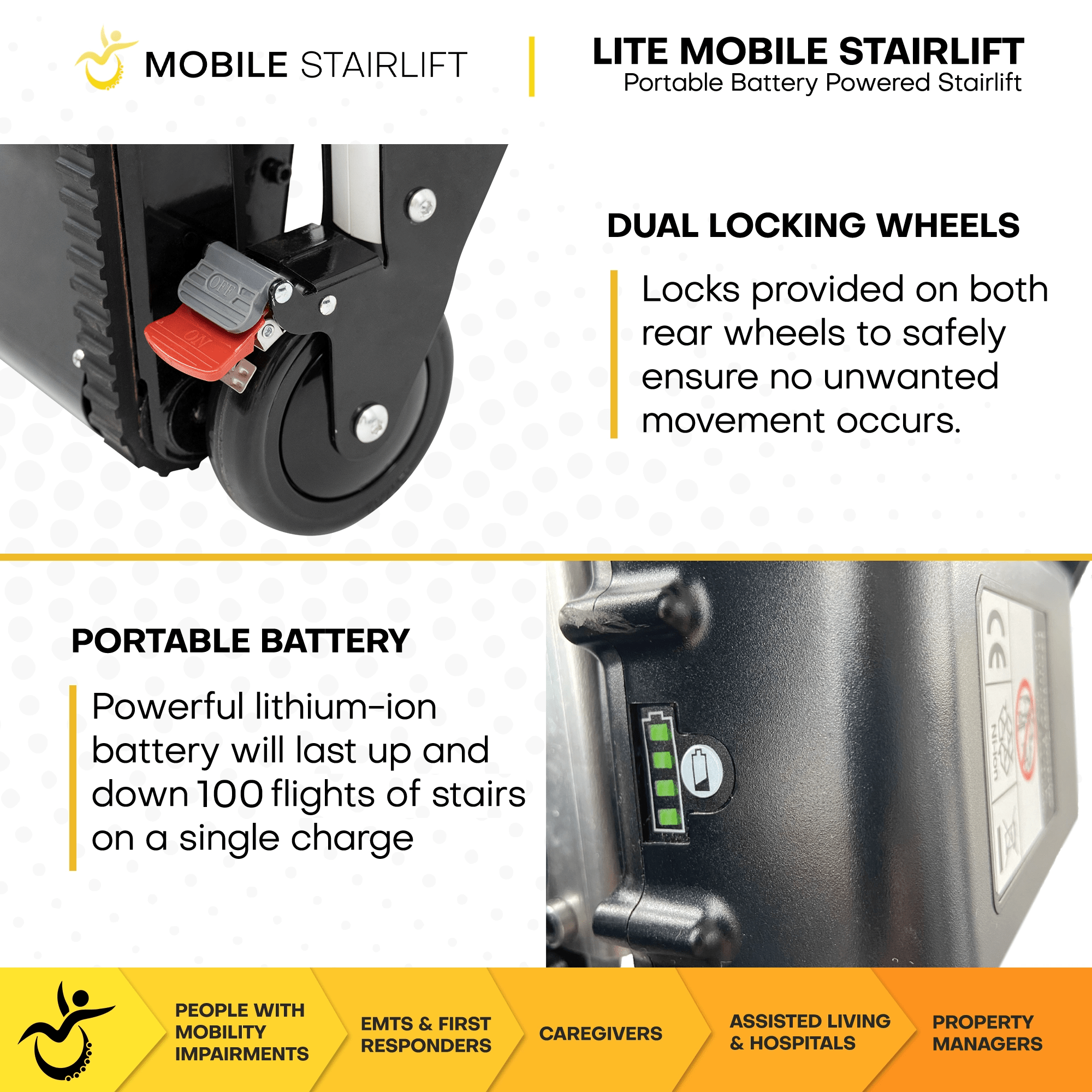 LITE Mobile Stairlift dual locking rear wheels and portable lithium-ion battery closeup - up to 100 stair flights per charge
