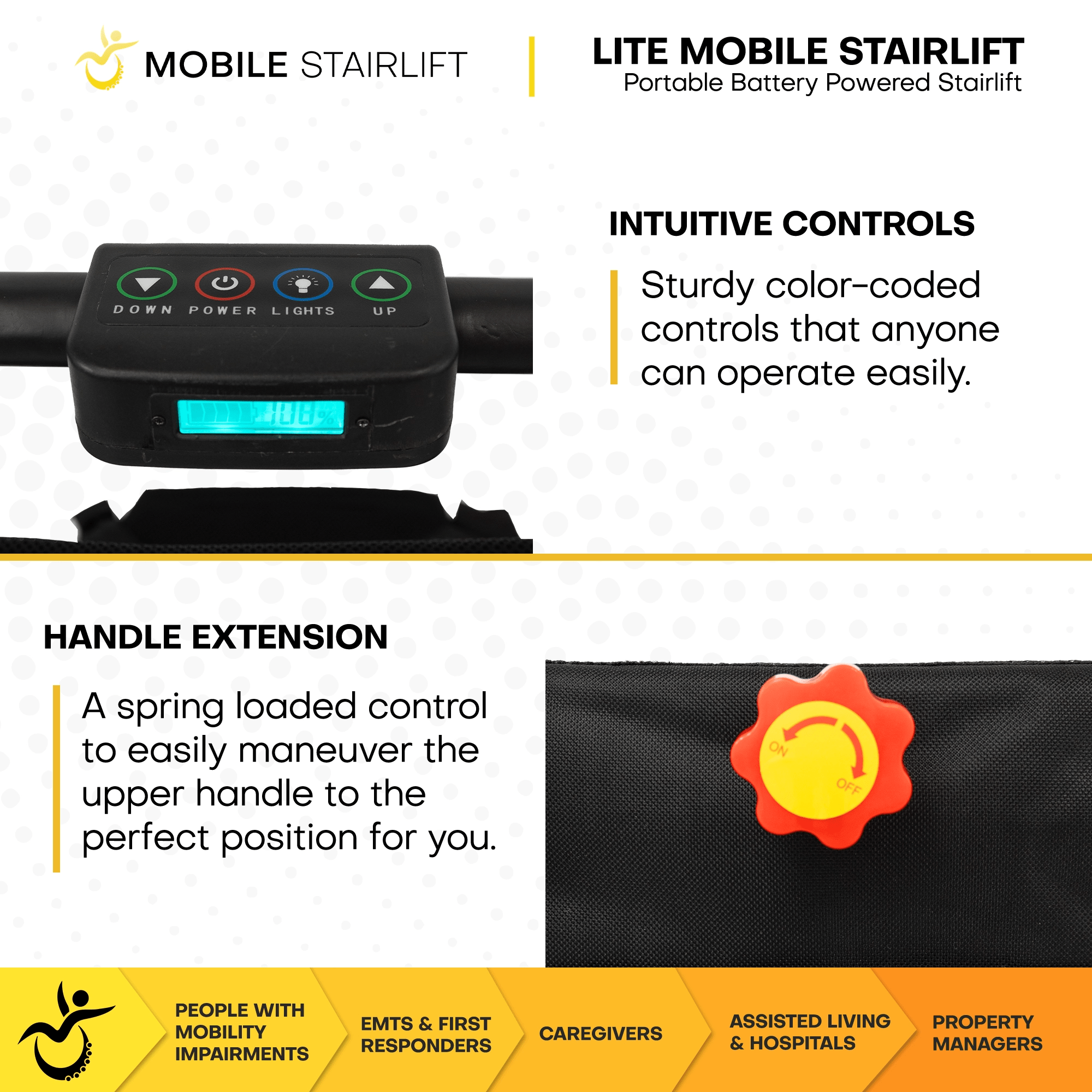 LITE mobile stairlift LCD control panel and spring loaded handle extension