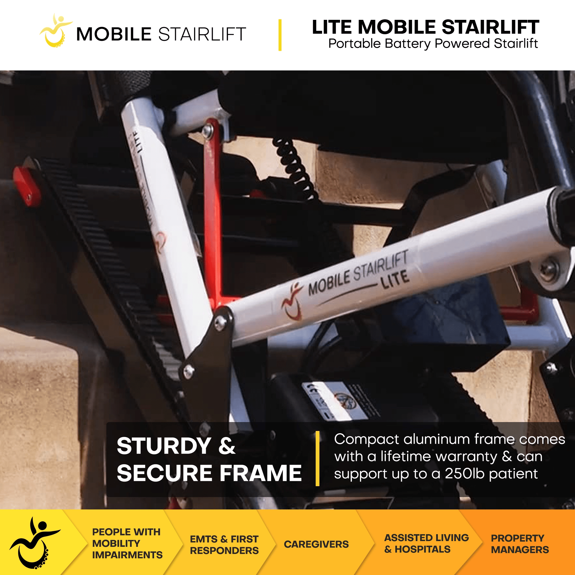 LITE Mobile Stairlift sturdy aluminum frame with lifetime warranty, supports up to 250 lb patient weight
