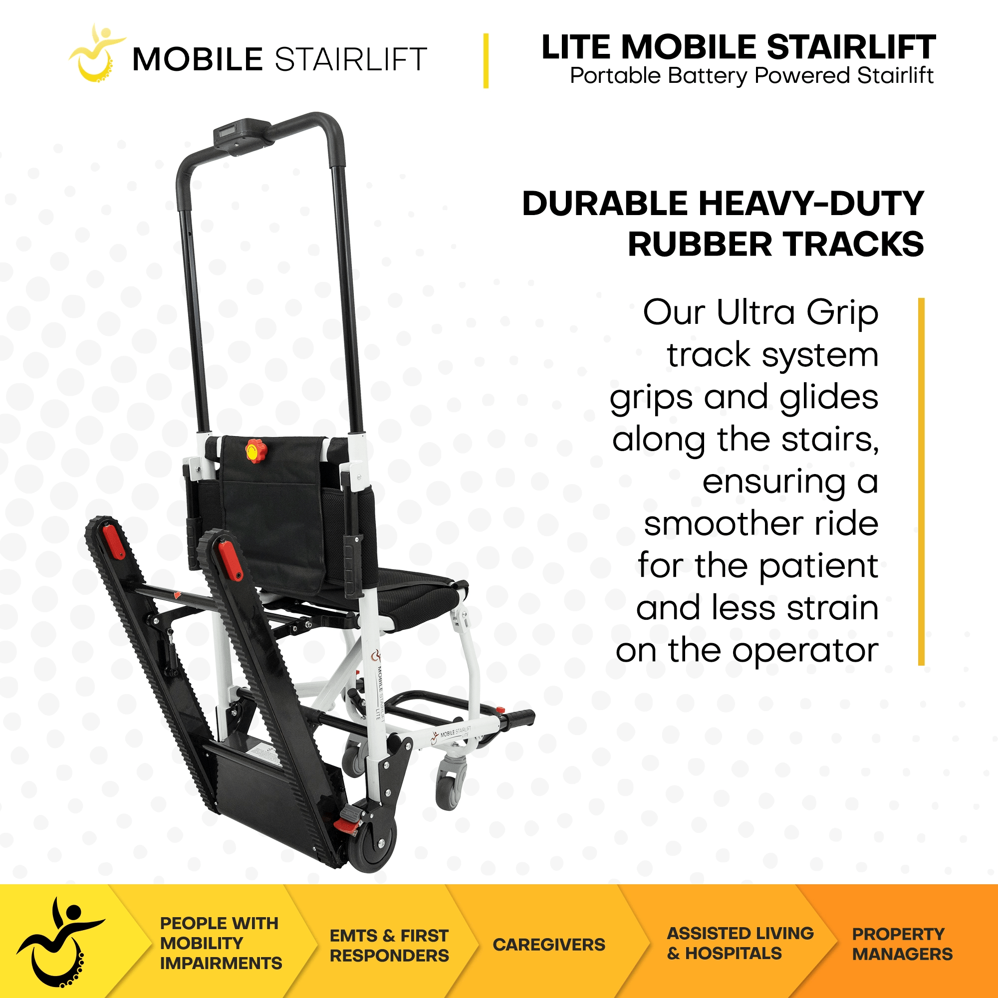 LITE Mobile Stairlift durable heavy-duty rubber tracks with Ultra Grip system for smooth, safe stair descent